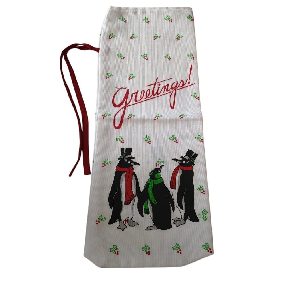 Wine Bottle Cloth Gift Bag Christmas Greetings Penguins Holly With Red Tie CB1 - Picture 1 of 4